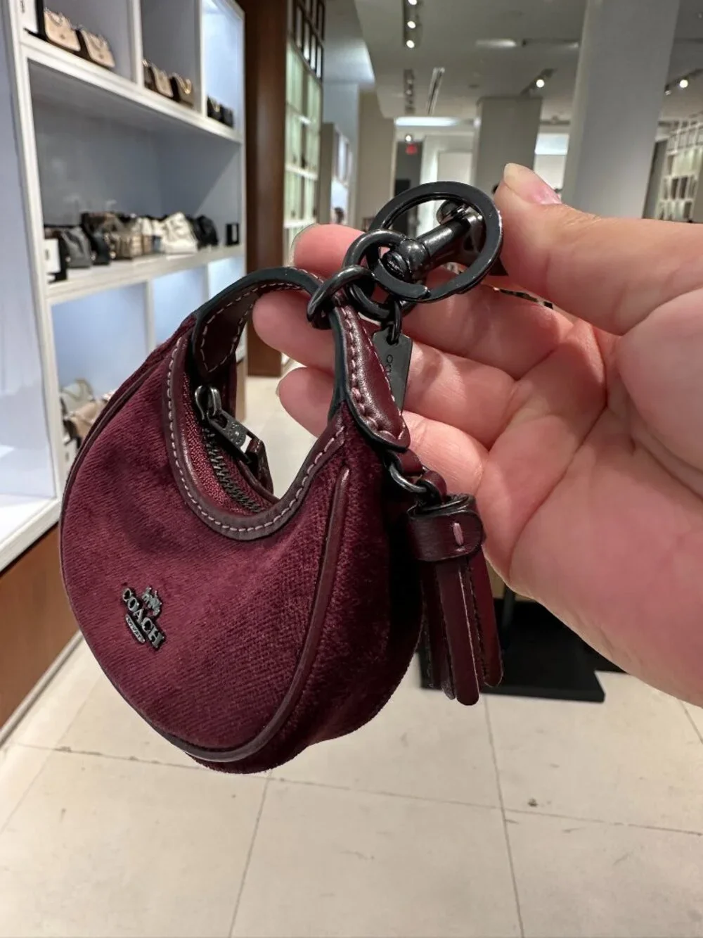 NWT! Coach CCF19 Mini Carmen Bag Charm Gunmetal/Burgundy Velvet/Smooth Leather - Picture 3 of 9